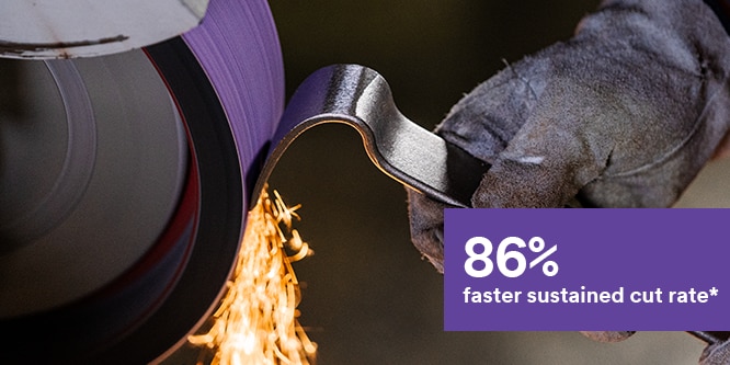 text reads 86% faster sustained cut rate with background of abrasive belt
