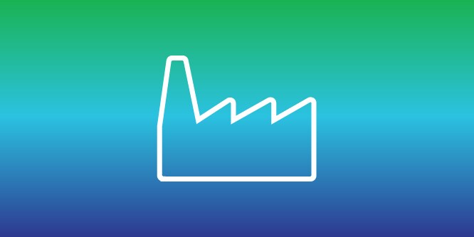 Icon of a factory, highlighting changes in manufacturing processes to minimise environmental impact.
