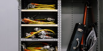 Large metal cabinets for storing various items.
