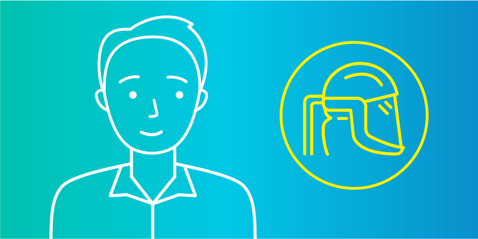 Illustration of worker looking at mask highlighted with yellow circle on blue gradient.