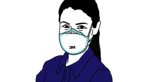 illustration of lady wearing disposable respiratory with seal highlighted
