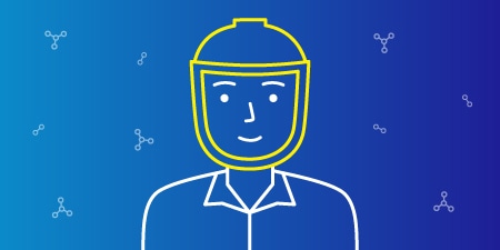 Illustration of smiling worker wearing PAPR mask surrounded by chemical symbols.