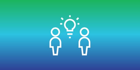 Icon of two people with a light bulb, symbolizing new programs and partnerships for waste reduction and recyclability.
