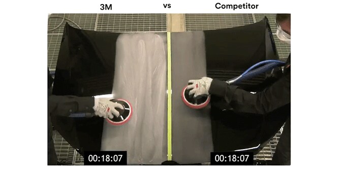 video demonstration comparing 3M™ Hookit™ Flexible Foam Abrasive Sanding Disc to competitor product used on a car hood
