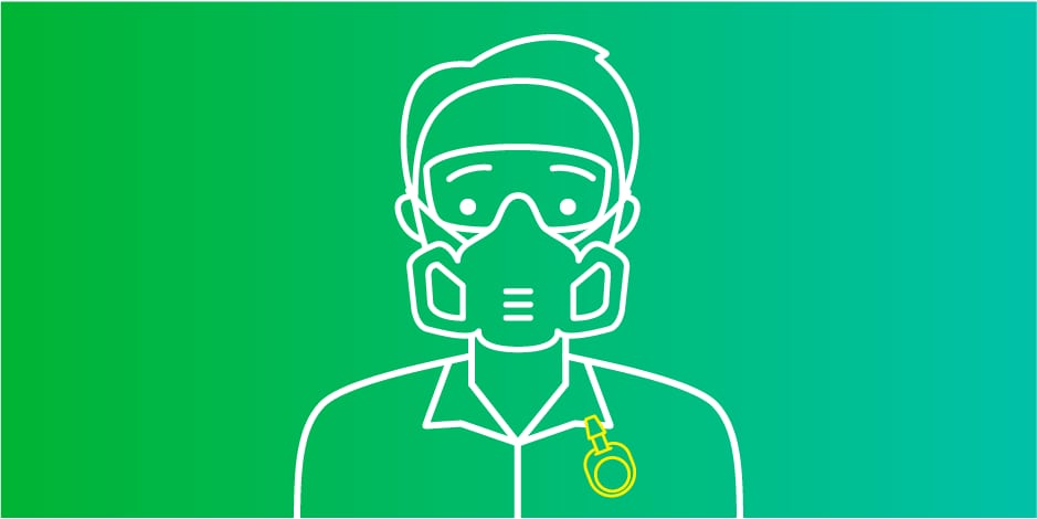 Illustration of worker wearing protective mask, goggles, and badge monitor on green-blue gradient.