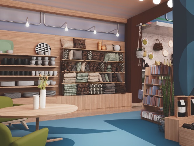 Cosy retail space with wooden shelving, decorative items, and a seating area, showcasing interior graphic solutions
