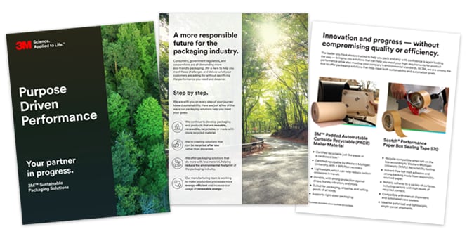 Three pages of a brochure with information on 3M™ Sustainable Packaging Solutions
