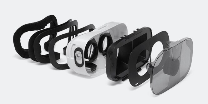 Various layers of a pair of virtual reality goggles are arranged individually.
